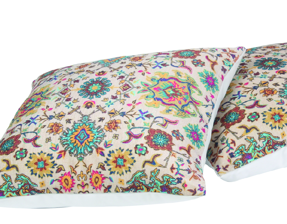 Decorative pillows with distinctive fabric patterns and textures