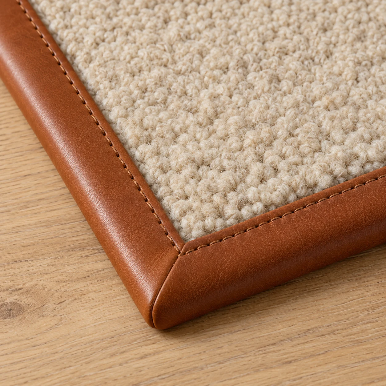 Close-up of leather binding on a carpet edge