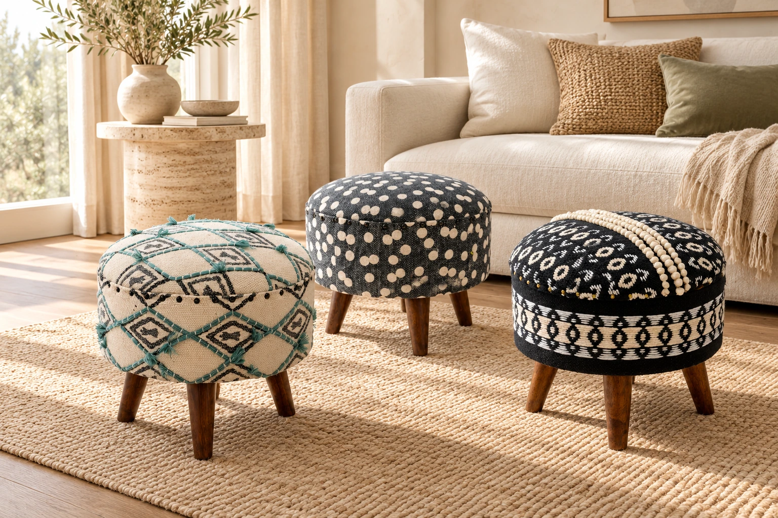Three patterned upholstered accent stools in an elegant neutral sitting room