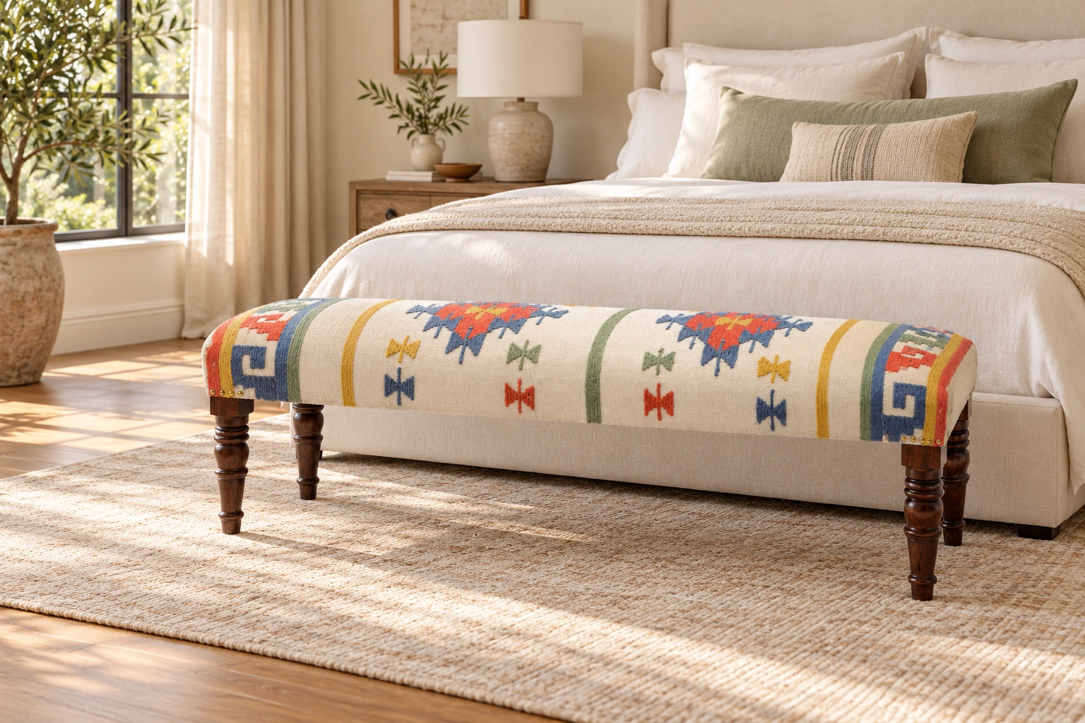Colorful kilim upholstered bench at the foot of an ivory bed in a luxury bedroom