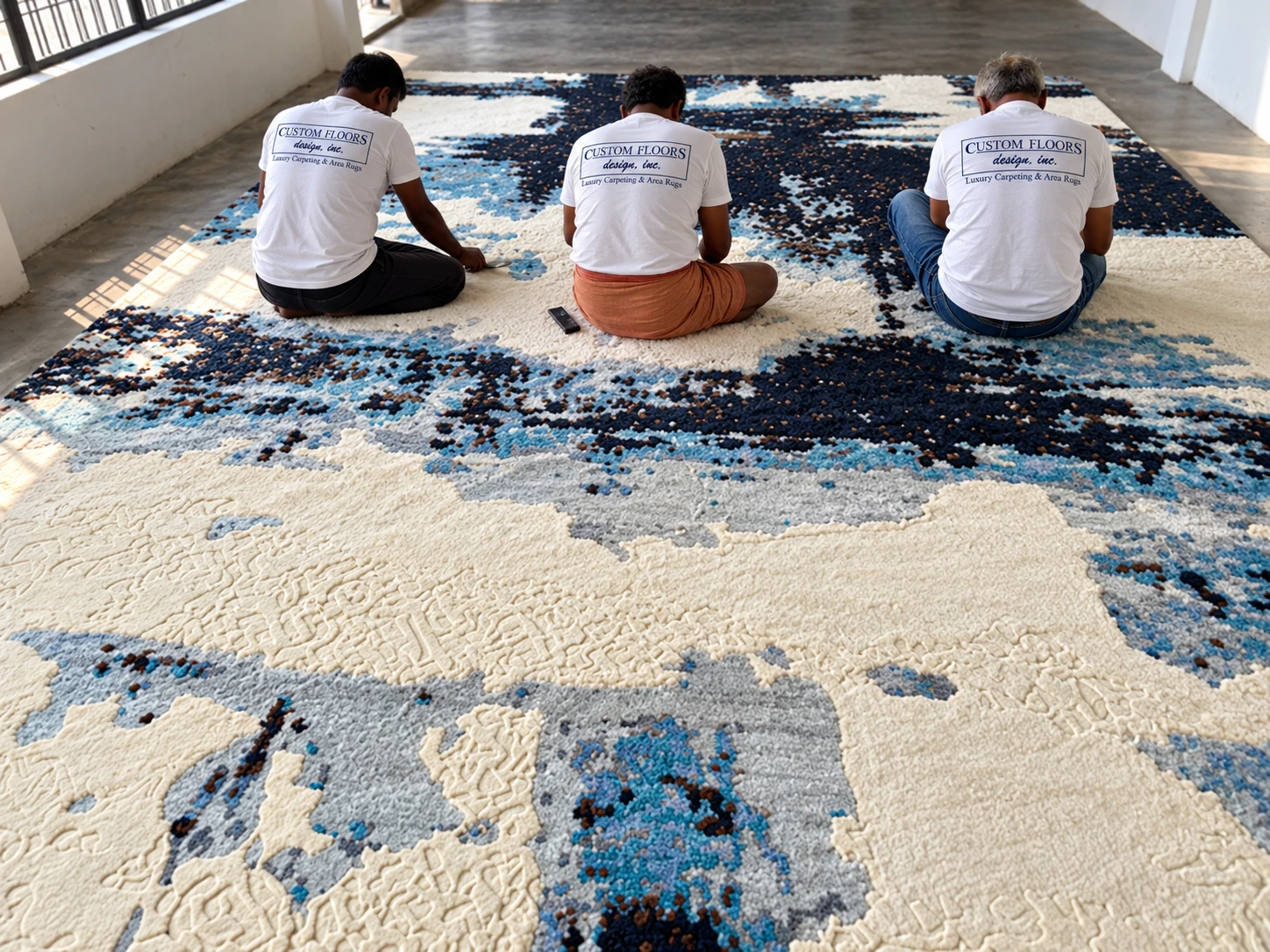 Three artisans hand-finishing a blue and ivory custom rug