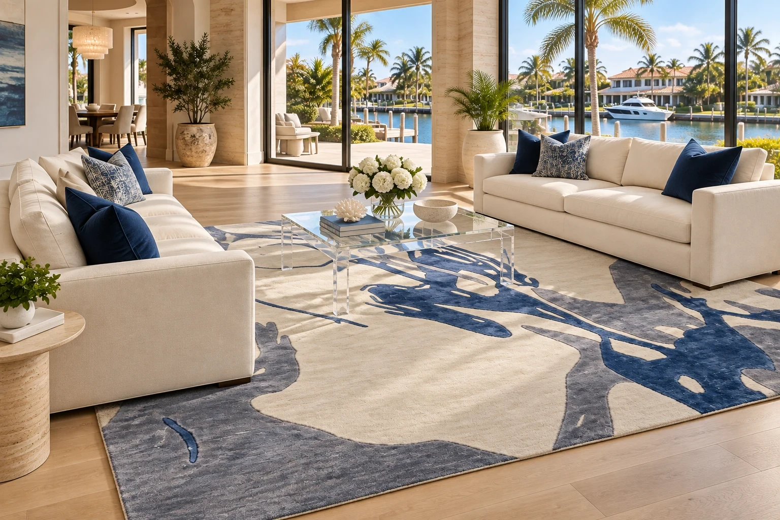 Blue and ivory abstract area rug in an elegant waterfront living room