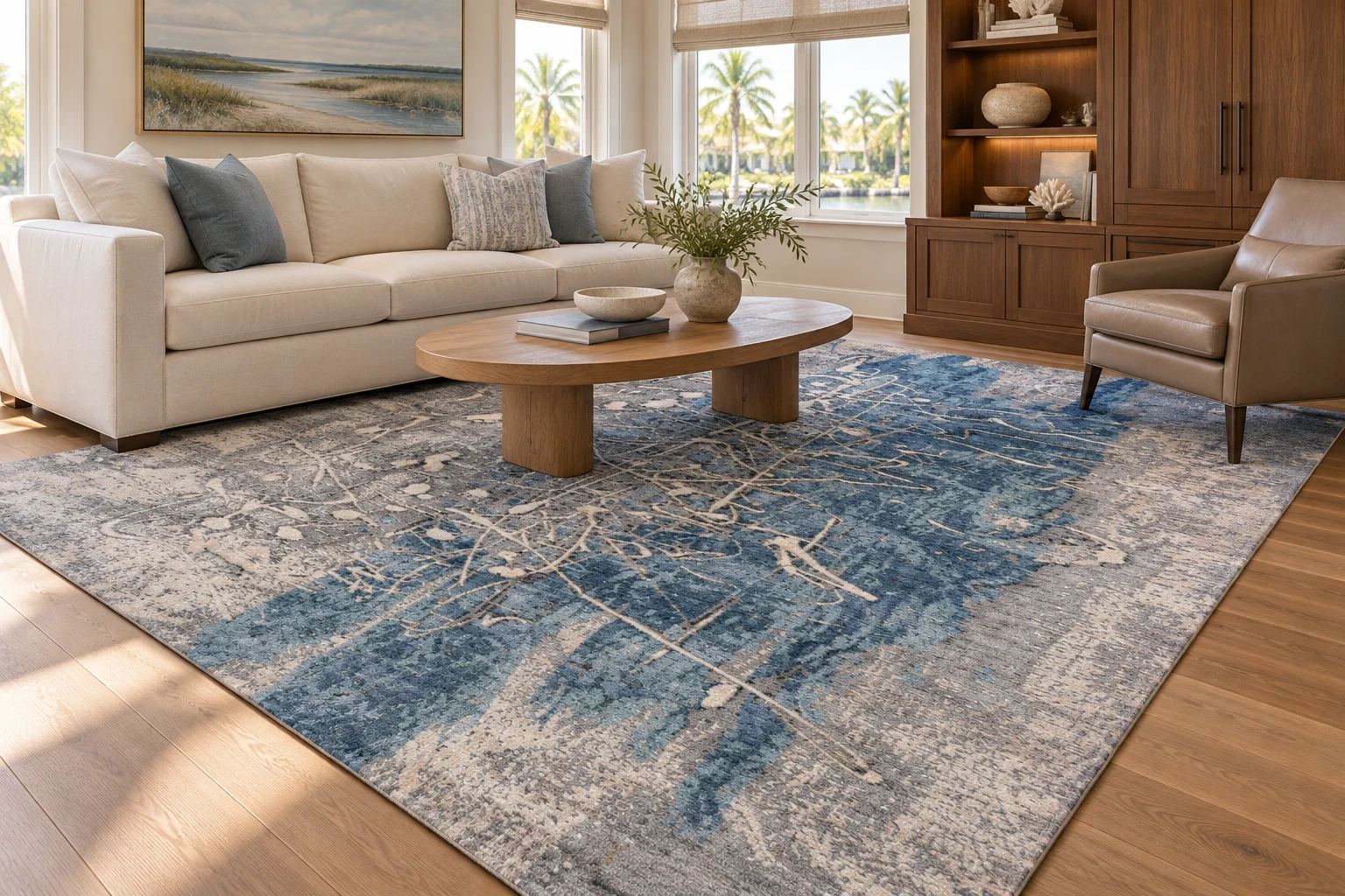 Blue and gray area rug in a relaxed coastal living room