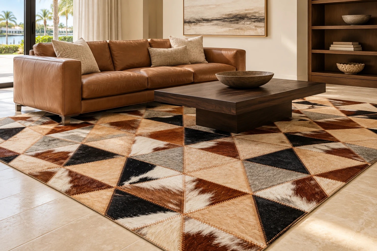 Warm living room with a cognac sofa and a multicolor geometric leather rug