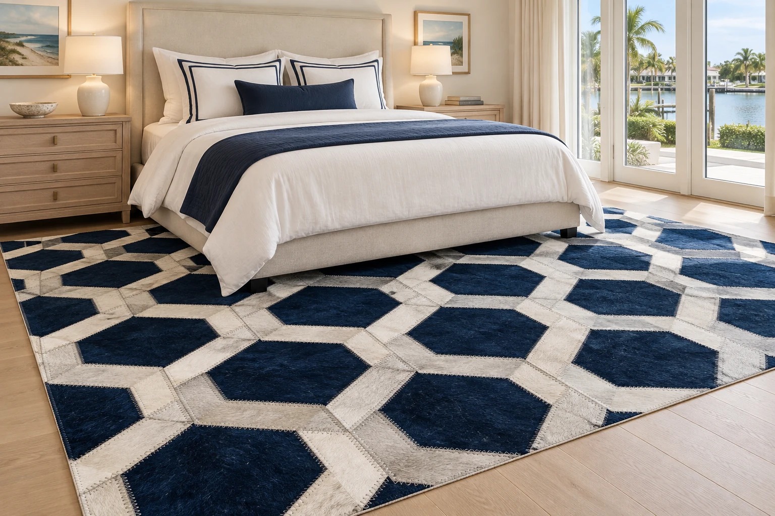 Coastal bedroom with a navy and ivory hexagonal leather rug