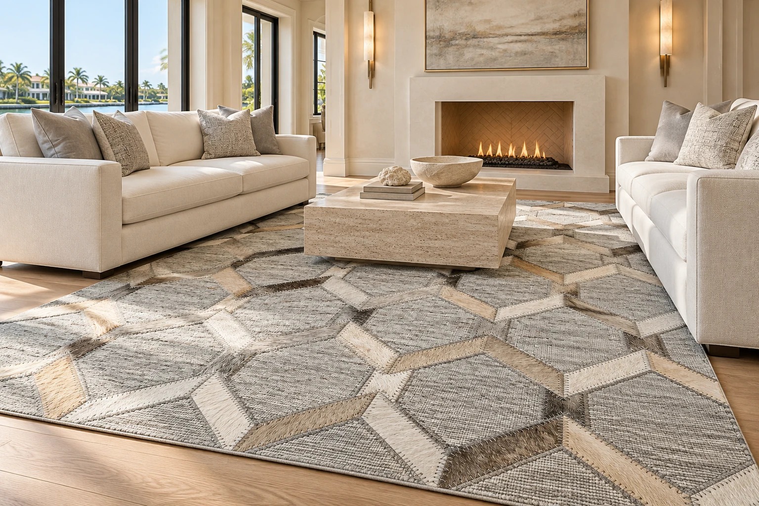 Neutral living room with a fireplace and a gray geometric leather rug