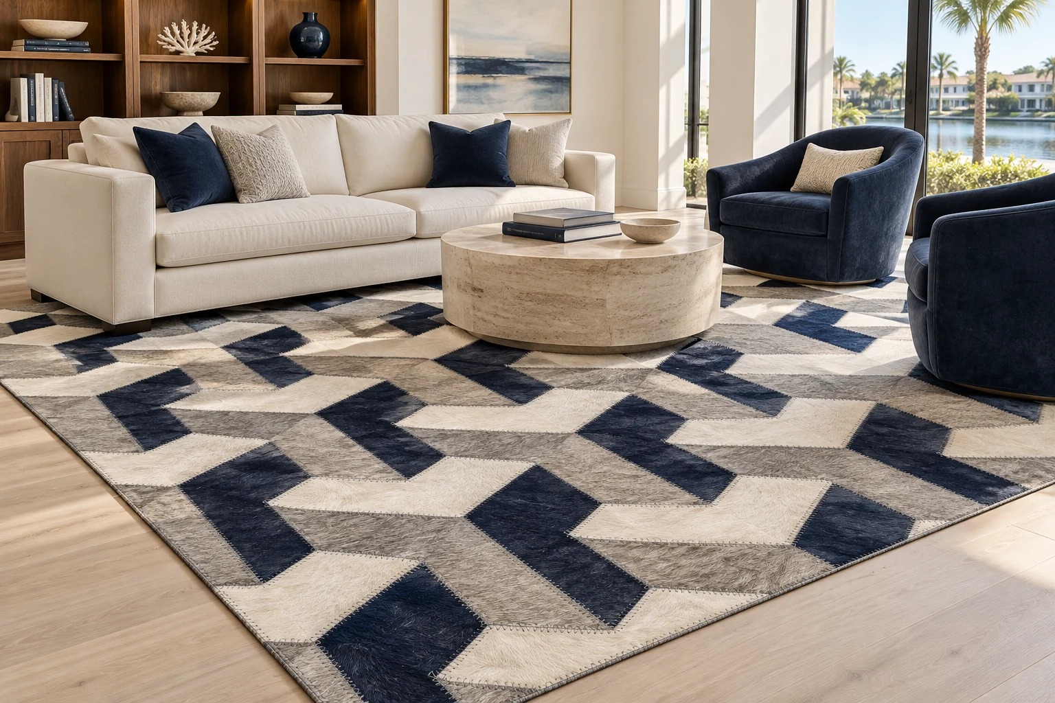Living room with navy chairs and a navy, gray, and ivory geometric leather rug