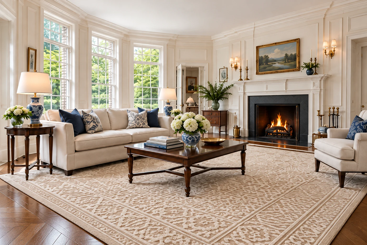 Luxury New England living room with a custom rug and classic architectural details