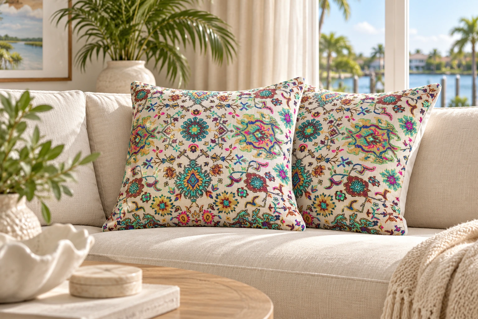 Colorful patterned decorative pillows on an ivory sofa in a sunlit living room