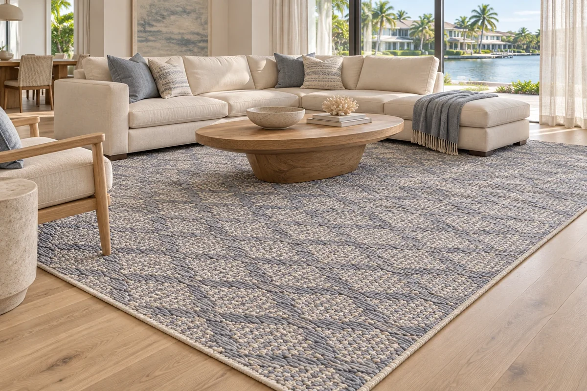 Blue-gray textured fabricated rug in a waterfront living room