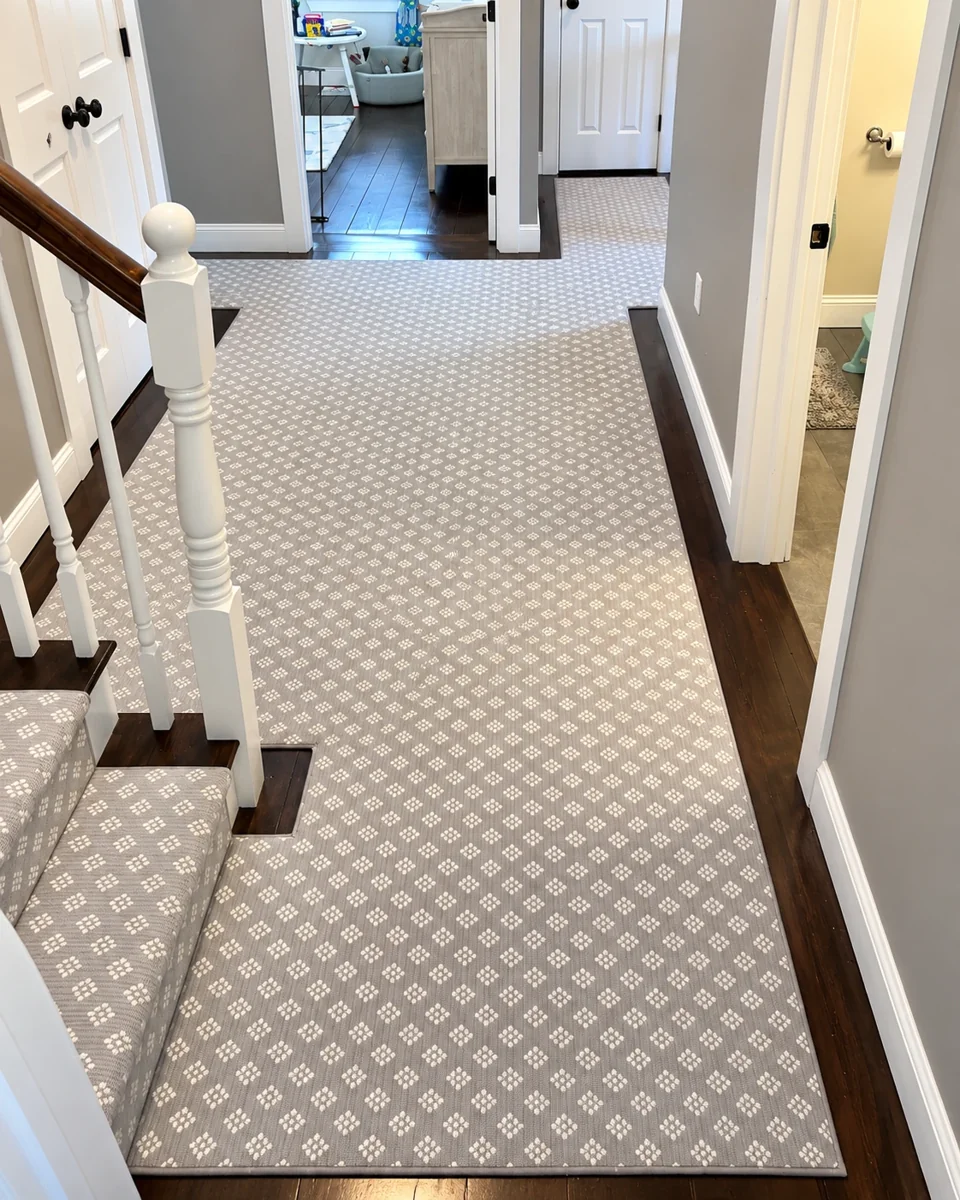Custom-shaped gray patterned hall runner fitted around a stair landing