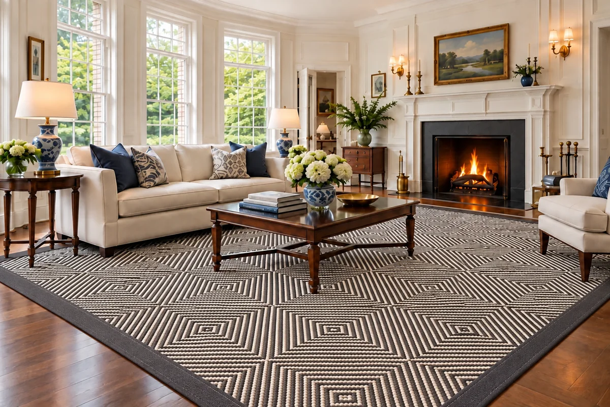 Geometric fabricated area rug with wide charcoal fabric binding in a classic living room