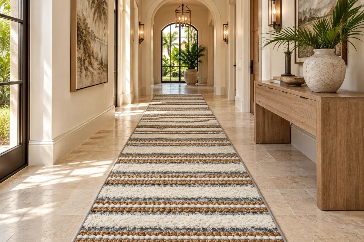 Custom striped hall runner in a sunlit arched hallway