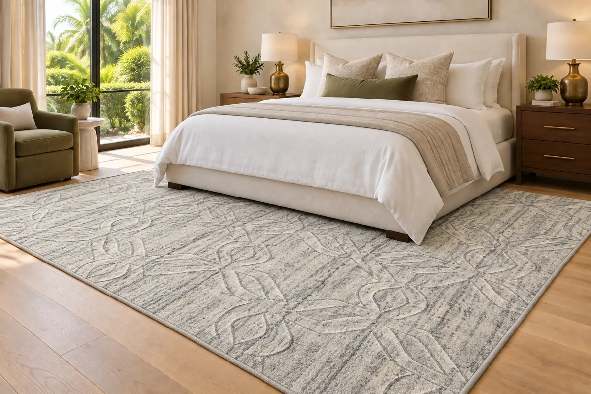 Light patterned fabricated area rug in a serene bedroom