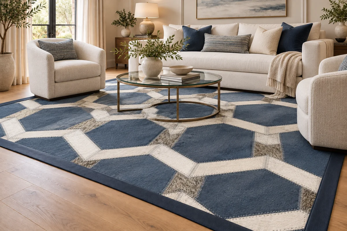 Blue geometric fabricated rug with wide navy binding in a living room
