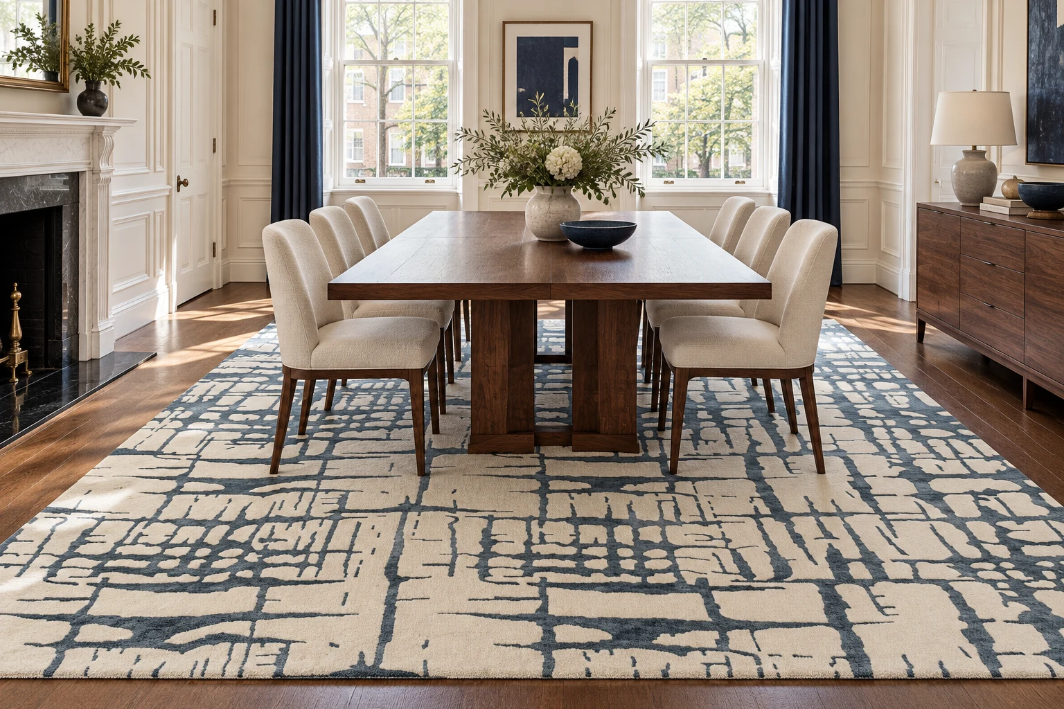 A patterned area rug adds warmth to an elegant dining room