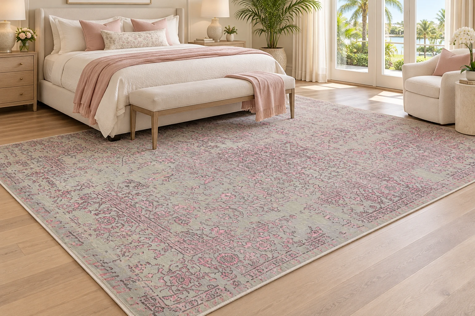 A soft patterned rug brings texture to a light and airy bedroom