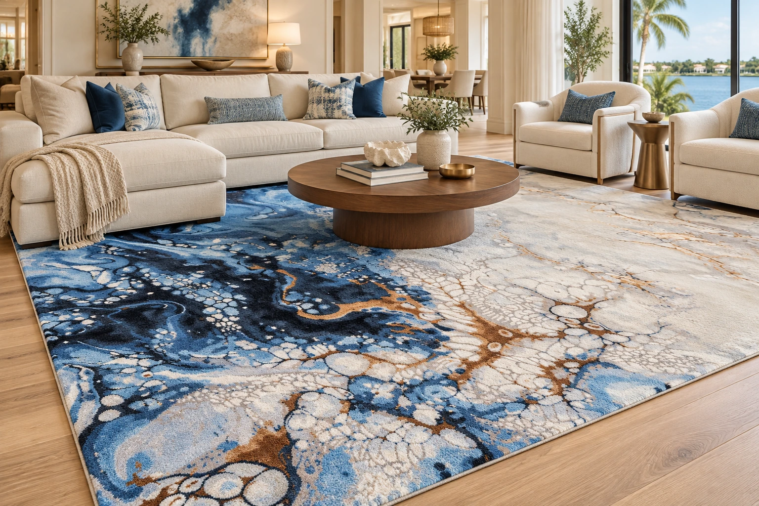Blue, ivory and gold Design 4958 rug anchoring a luxurious Southwest Florida inspired living room