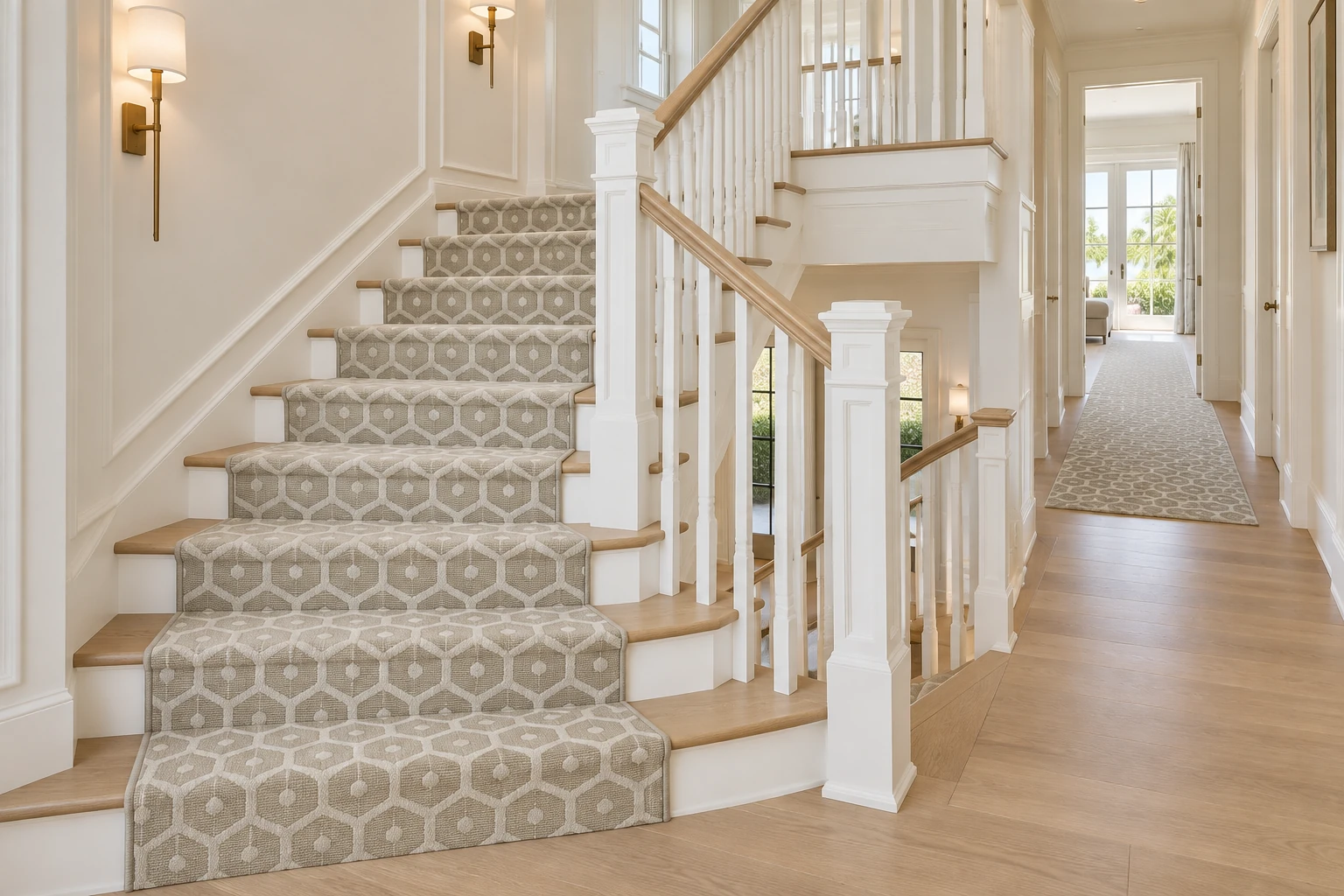 Honeycomb runner continuing from an elegant staircase into a matching hallway